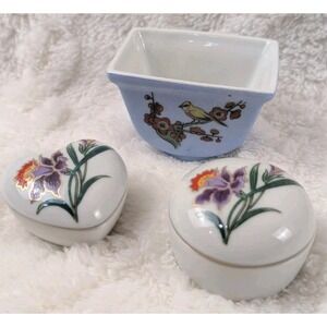 Vintage Porcelain Trinket Box Lot Japan Iris Floral Heart Round Box Bird Blossom
